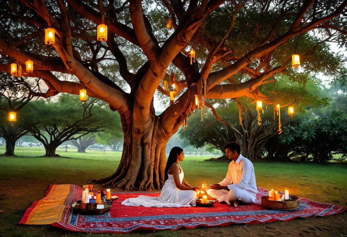 A serene scene depicting a couple enjoying a peaceful moment together under a blossoming Indian banyan tree, surrounded by traditional Indian decor, such as colorful textiles and aromatic candles. Soft glowing lights and various symbols of love and relaxation, like heart-shaped motifs and soothing tea sets. The atmosphere should evoke intimacy and tranquility with a warm sunset in the background. vibrant colors. super-realistic.