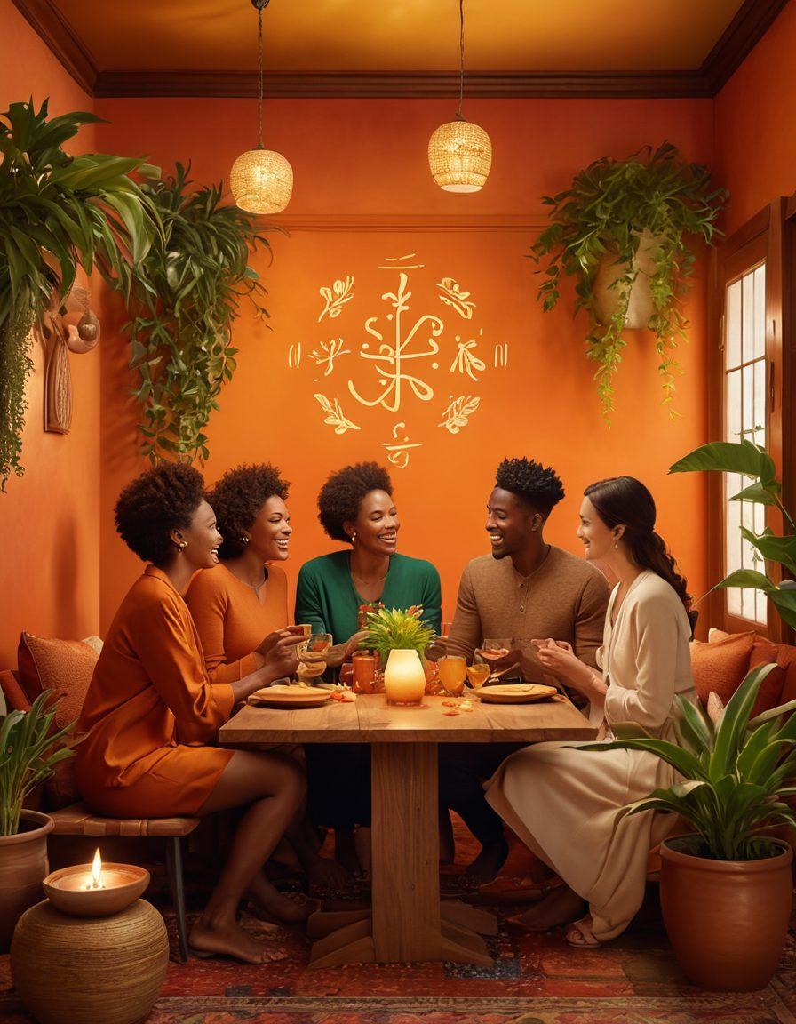 A warm, inviting scene depicting a diverse group of people celebrating connections, with cultural symbols and rich colors weaving through the background. Soft, tranquil lighting casts a soothing ambiance, highlighting intimate interactions, laughter, and shared moments. Incorporate elements that suggest wellness, such as plants and calming textures, to enhance the overall feeling of harmony in dating. vibrant colors. super-realistic.