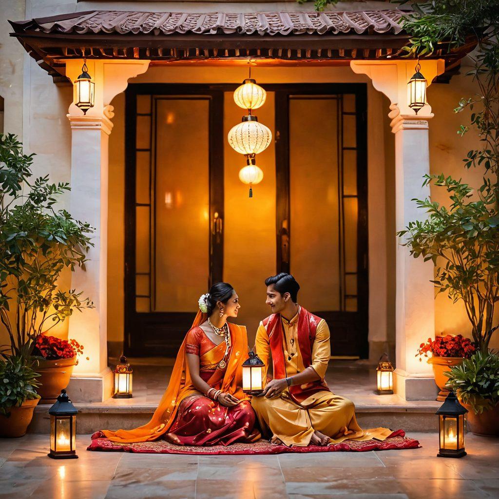 A serene setting capturing an intimate moment between a couple in traditional Indian attire, surrounded by vibrant floral decorations and softly glowing lanterns. The backdrop features beautiful Indian architecture, symbolizing the warmth of romance and cultural richness. Incorporate elements of wellness, such as meditation and nature, depicting a harmonious blend of intimacy and mindfulness. warm colors, elegant design, soothing atmosphere. super-realistic. vibrant colors.
